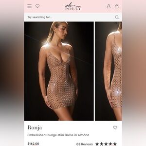 Oh Polly Ronja Embellished Plunge Mini Dress in Almond